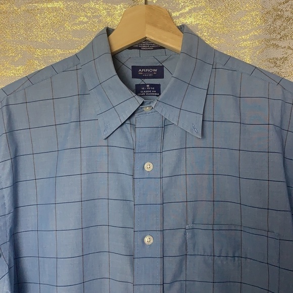 Arrow blue check classic fit short sleeve men’s shirt size M - Picture 3 of 10